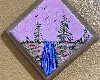 Framed Tile Painting Original Hand Painted Signed Alcohol Ink 3.5x3.5" Tile in Custom 5x5" Diagonal Wood Frame Landscape Pink Sky 1 of 1