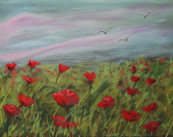 9.5x7 Original hand painted pastel, field of red poppies, birds landscape painting, meadow with flowers, floral art, pink and purple clouds