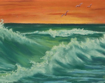 6x9 Pastel painting orange sunset with a green and turquoise cresting wave.  Seagulls are overhead. Ocean waves.  Powerful sea. Beach art