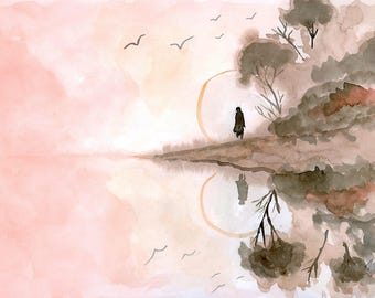 Reflective Woman Original Watercolor Portrait, Emotional Wall Art 11.5x8