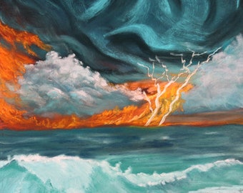 9x12 Fire Clouds original pastel fantasy artwork with lightning and fire in the sky beach waves beach fire ocean painting fantasy wall art