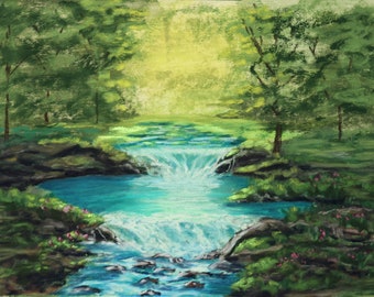 6x9 Original pastel with a bright turquoise waterfall, hand painted fine art painting of river with rocks and tall trees and a sunlit meadow