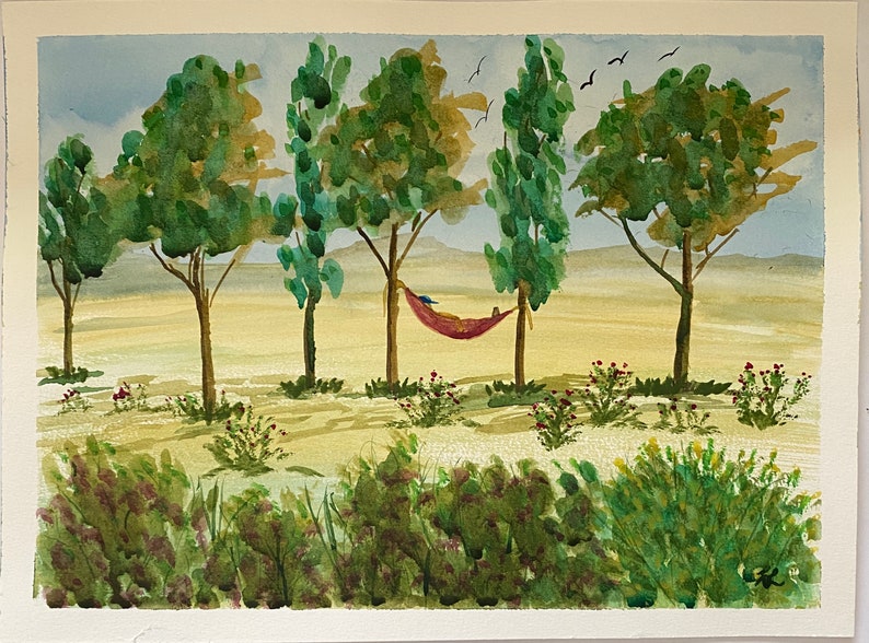 Sunday Nap original watercolor one of a kind 9x12 landscape large trees hammock soaring birds hand painted relaxing serene lazy sleeper