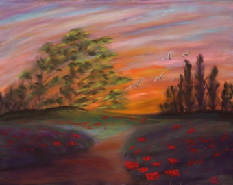 9.5x11.75 Canyon Sunrise signed original pastel one of a kind hand painted Not a Print orange pink yellow sky red poppies path birds trees