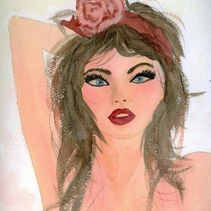 9x12 Original WWII Pinup girl pretty lady hand painted watercolor portrait. Rose headband confident woman in tank top Wall art deco painting