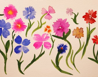 5.5x8.5 Spring Flowers - Tiny Painting - Watercolor random flowers fun petals pink blue red orange colorful stems leaves rainbow colors