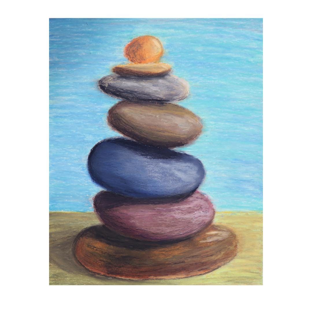 12x9 Oil Pastel Hand Painted Original Meditation Rock Stack. Multi ...