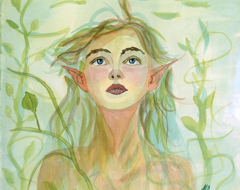Original 8x8 Watercolor Fantasy Portrait | Woodland Fairy Art | "Whisper Vine"