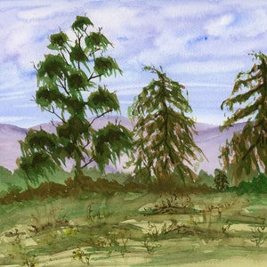 9x12 Original Three Trees watercolor one of a kind landscape eucalyptus and pine trees bushes purple mountains hand painted not a print art