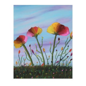 6x9 Original soft pastel hand painted rainbow poppies in a field.  Tall flowers, blue sky, unique artwork, flowers in a meadow, floral art