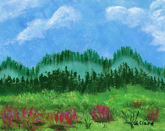 Green Meadow Landscape Hand Painted Original Acrylic Painting 8.5x11 Forest Blue Sky Fluffy Clouds Foggy Mountain Flowers Signed LeClaire