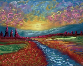 9.5x7 Original hand painted pastel, morning light, rainbow colors, landscape, trees, pink and blue sky, uplifting hopeful art Van Gogh style