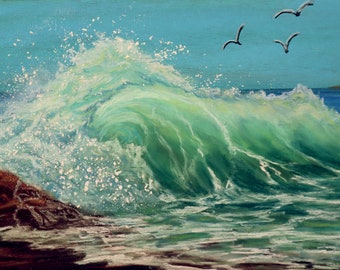 6x9 Original pastel with a bright turquoise and blue wave, hand painted fine art painting of crashing waves on beach rocks with seagulls