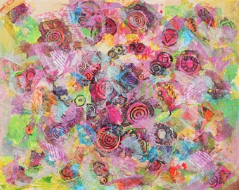 20x16 Original Abstract Neon Mixed Media collage one of a kind hand painted mono print on paper wild designs high energy art bright colors