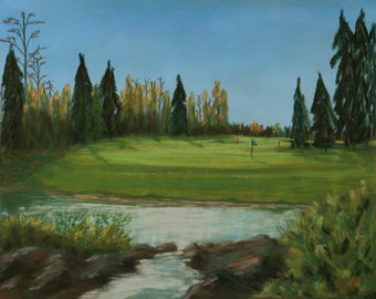 9x12 Green Number Five Pastel signed original one of a kind hand painted golf course golfers golfing water landscape not a print chalk art