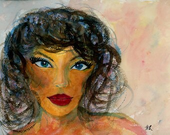 May include: Watercolor painting of a woman with dark brown hair and blue eyes. She is wearing a light pink shirt and has a soft, dreamy expression on her face.