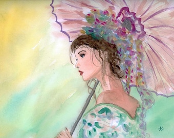 Emotional Romantic Woman Feminine Umbrella Original Watercolor Portrait, Wall Art 12x9