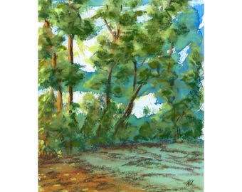 Original pastelllandskapsmålning: Klarblå himmel, höga träd (7x9,5)