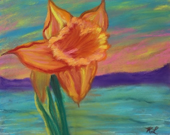 6x5 Original soft pastel floral orange Daffodil one of a kind landscape hand painted tiny art flower landscape painting bright orange art