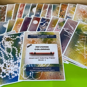 30 8.5x11" color laser printed designs Reverse Coloring Book 1 collage paper junk journal hand painted original scrapbooking card making