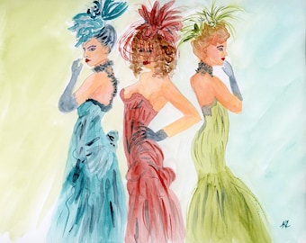 12x9 Original 1800s Fancy fair ladies hand painted watercolor portrait. High society 3 women girl's party night out. Fancy long dresses hats
