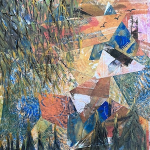10x10 Original collage on wood. Landscape over mixed media one of a kind hand painted mono prints on paper. All unique papers as the sky