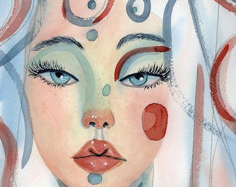 Stillness in Motion | Original Watercolor Portrait | Contemporary Abstract Face Art 9x12"
