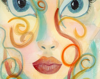 Abstract Woman Watercolor Embellished Giclee – Blue Eyes & Colorful Swirls (8x10)  Original