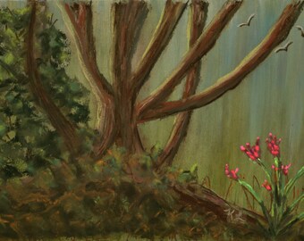 9x6 Original pastel bright pink flowers, hand painted, fine art, landscape, small artwork, trees, bare branches, original painting, green