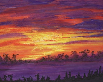 9x12 Purple Fire original pastel on wooden box frame fiery skyline sunset red yellow big sky Exmoor purple clouds trees one of a kind unique
