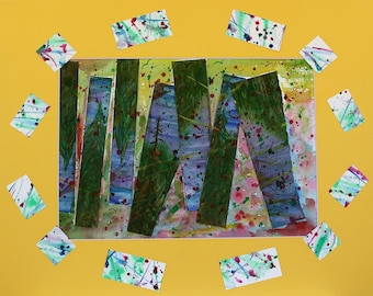 Collage originale di acquerelli astratti: dipinto a tecnica mista "Sinfonia frammentata" (20x16 senza cornice)