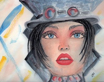 Steampunk Woman Feminine Hat and Goggles Original Watercolor Portrait, Wall Art 12x9