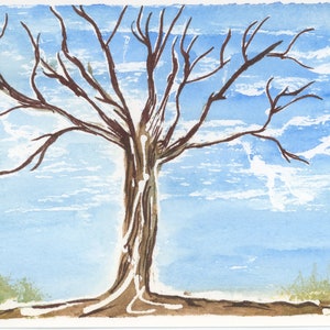 Albero spoglio, nuova cartolina acquerello blu 4x6 Artbyleclairedesigns. Nuovo dipinto, rami spogli, natura, inverno, nuvole bianche, cielo, cartolina postale