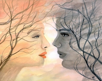 Emotional Light Meets Shadow Woman Original Watercolor Portrait, Wall Art 12x9