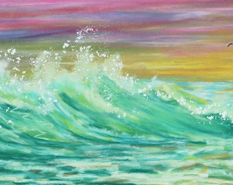 12x4.5 Original hand painted wide format soft pastel, ocean waves panoramic pink and orange sunset, seagulls seascape serene painting