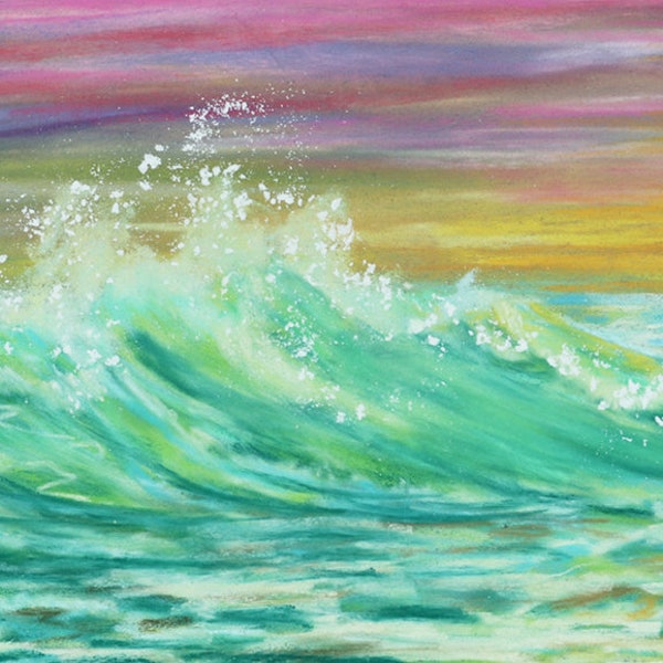 12x4.5 Original hand painted wide format soft pastel, ocean waves panoramic pink and orange sunset, seagulls seascape serene painting