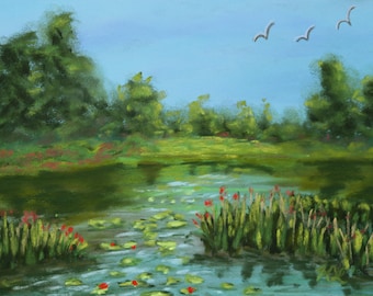 8x6 Soft pastel hand painted original green pond water lilies Monet inspired, unique artwork, birds landscape with trees wall art blue sky