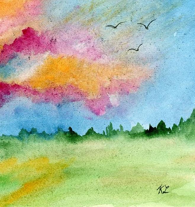 ピンクの雲の水彩画：オリジナルサイン入り風景画（8x10） - Etsy 日本