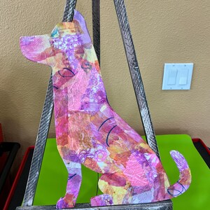 12x16 original pink pet portrait mixed media hand painted collage painting on wood dog silhouette fun pet artwork sitting dog pet painting