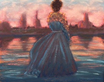 10x8 Original pastel with a woman in a pink dress in turquoise water, hand painted, fine art, seascape painting, Singer Sargent style art