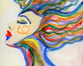 Emotional Surreal Flowing Rainbow Hair Woman Feminine Original Watercolor Portrait, 8x8