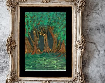 11 x 14 origineel zwart gematteerd neon bomen acryl schilderij uniek klaar om in te lijsten landschap bomen bos geen print felle kleuren regenboog
