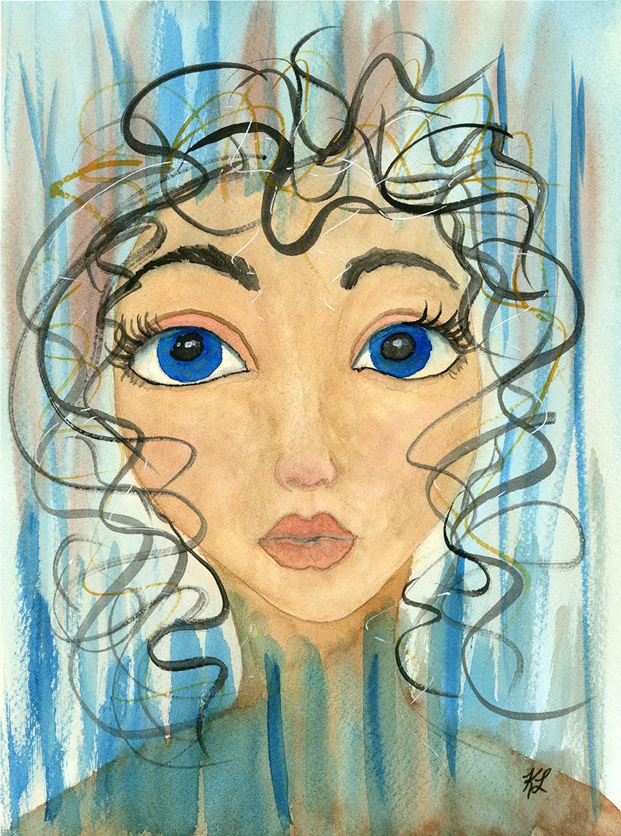 気まぐれな水彩画のオリジナル少女肖像画、夢のような女性的な抽象画