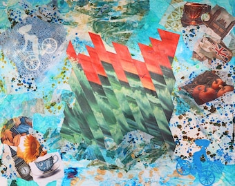 Original Mixed Media Collage Painting: 20x16 Abstract Seascape, England Inspired