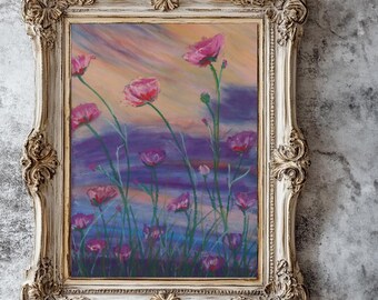 ピンクのポピーのオイルパステル画：オリジナルの花の草原アート（6x9