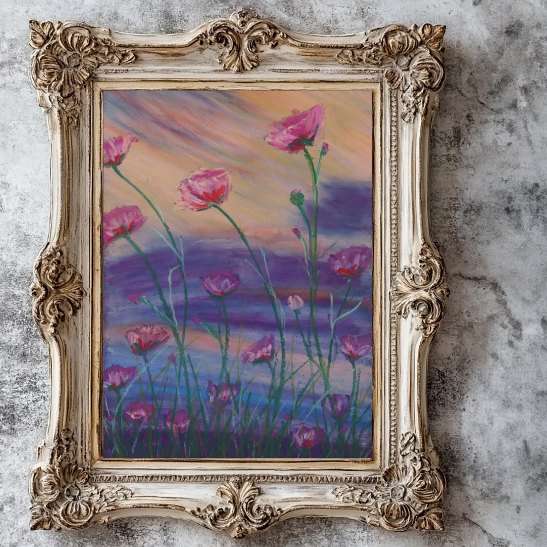 ピンクのポピーのオイルパステル画：オリジナルの花の草原アート（6x9