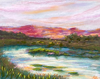 7x9.5 Harmony at Dawn signed original pastel one of a kind hand painted Not a Print original landscape painting wall art pink morning pond