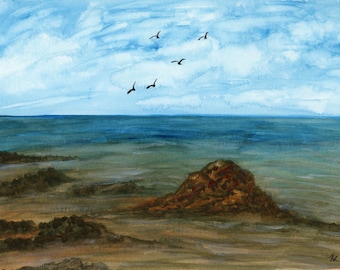 Low Tide Watercolor Painting: Original Seaside Landscape Art (9x12)