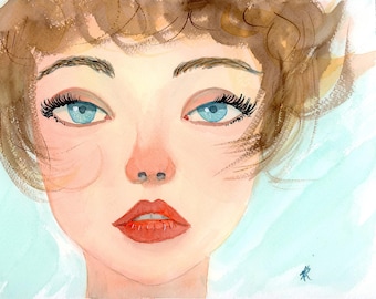 Halfway to Dreaming | Original Watercolor Portrait | Contemporary Feminine Art  12x9