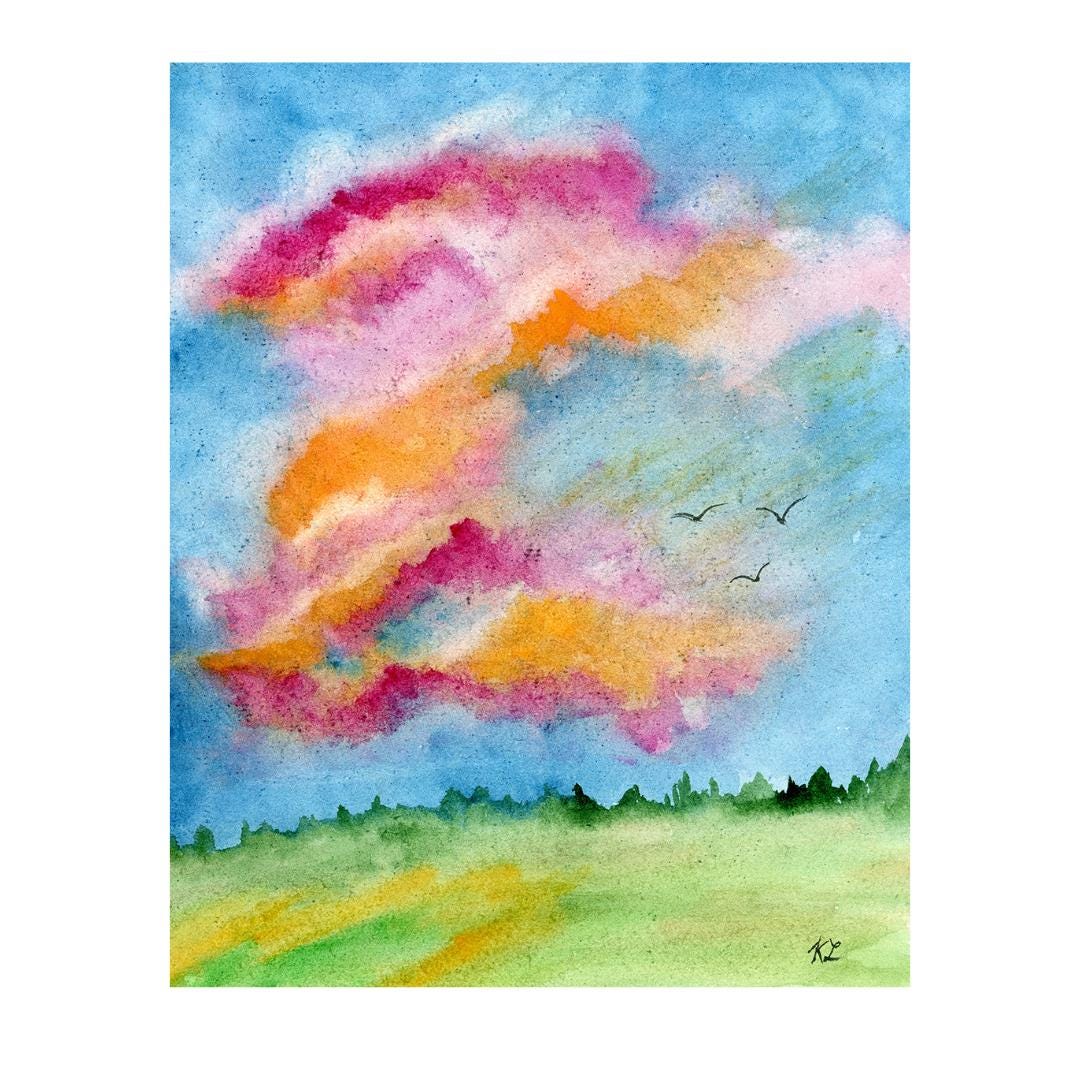 ピンクの雲の水彩画：オリジナルサイン入り風景画（8x10） - Etsy 日本